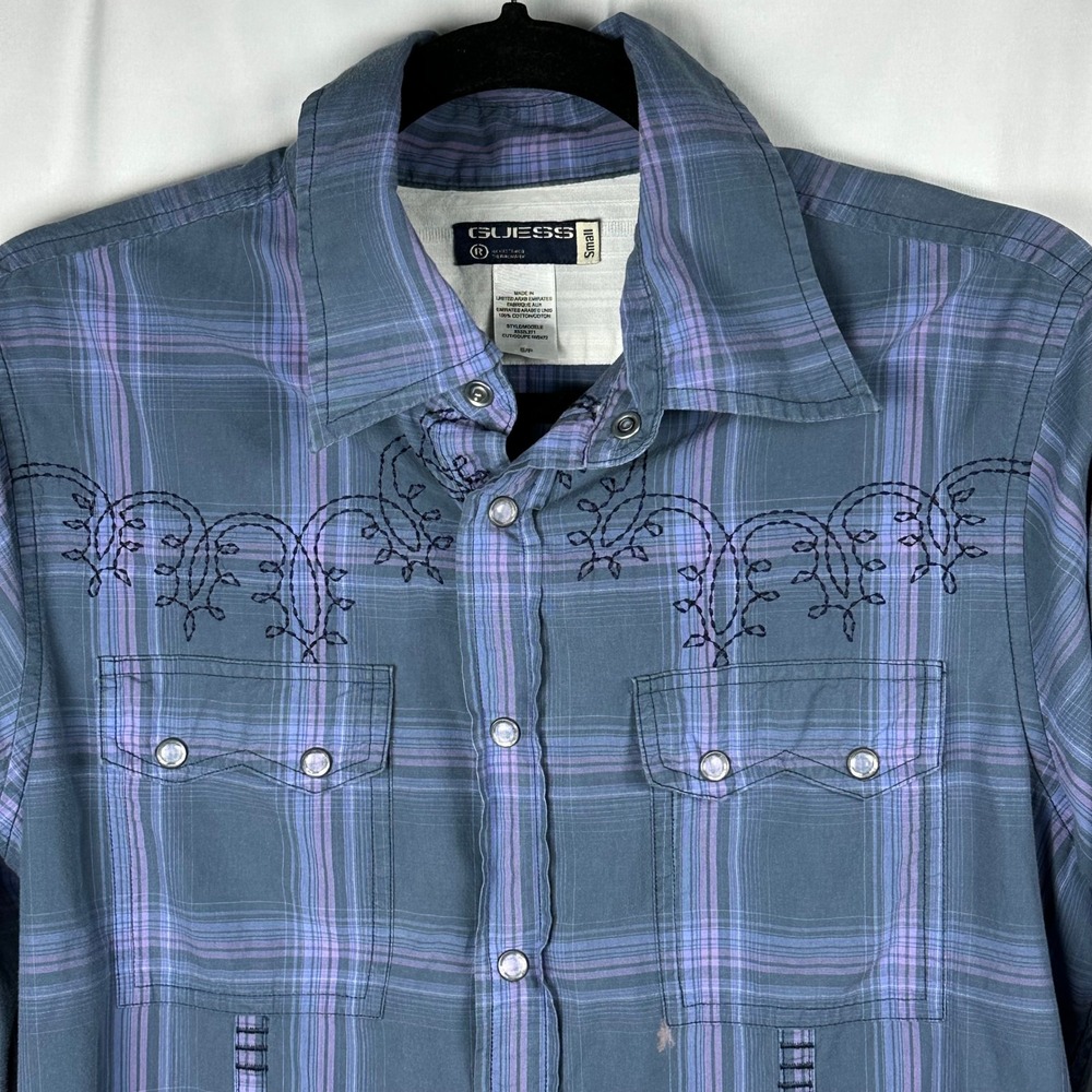 Guess Mens Purple Plaid Embroidered Western Pearl Snap Shirt‎ Small X532L271